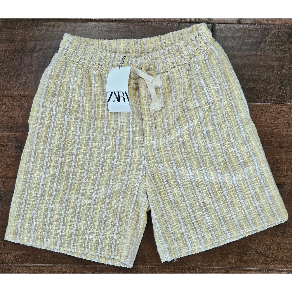 RUSTIC CHIC Zara Yellow Tan Striped Textured Shorts Elastic Drawstring M NWT